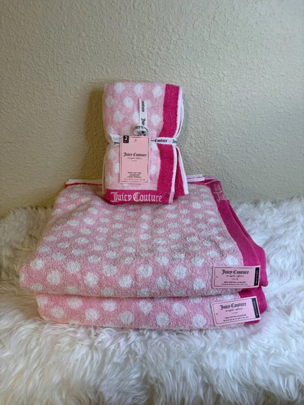 Juicy Couture Pink Polka Dot Bath Towel Set 4PC Home Collection NWT